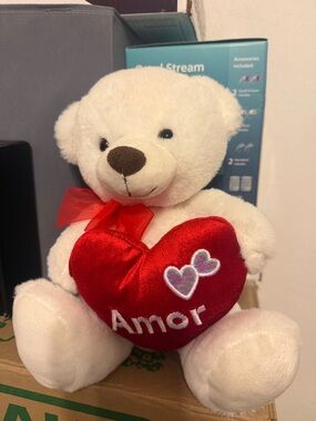 Cream Plush Teddy Bear with Red 'Amor' Heart